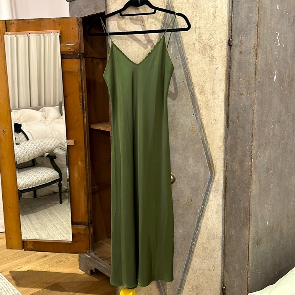 Rose Water House green silk midi slip dress. XS